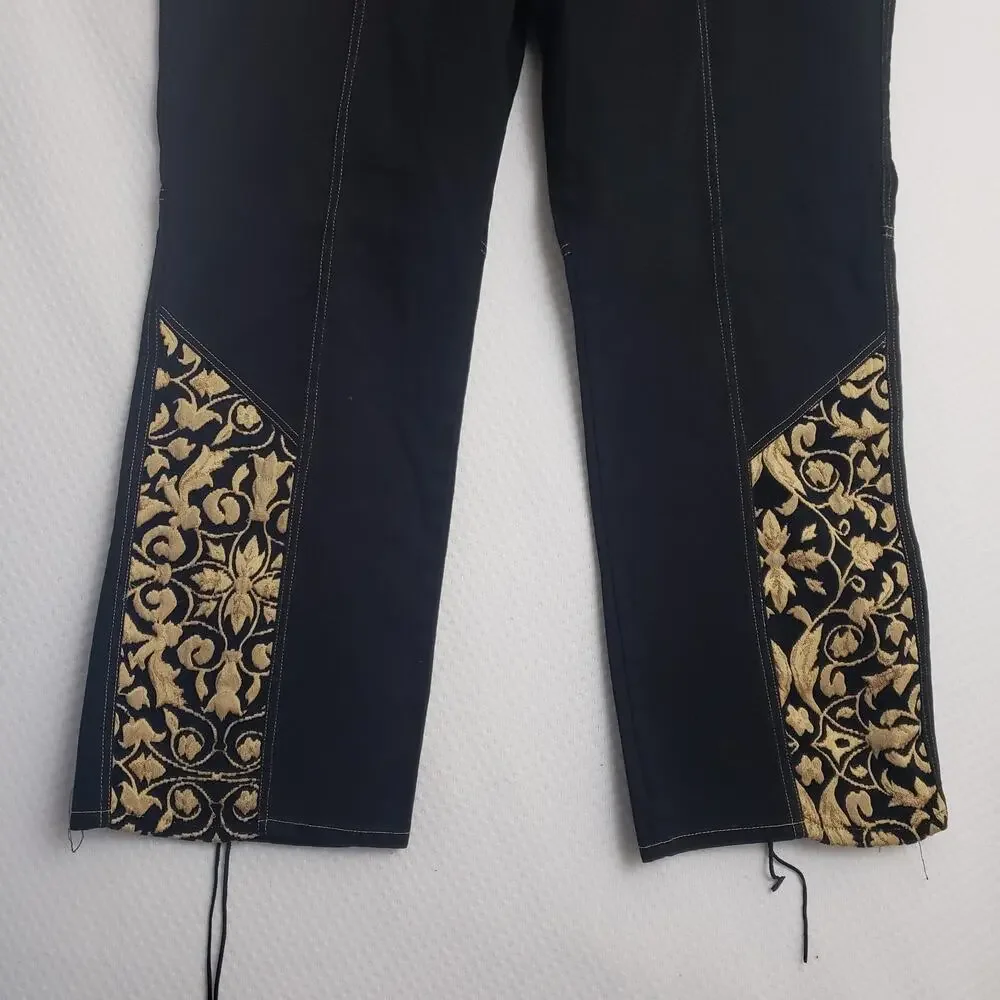 Womens Western Rodeo Bootcut Jeans Black w/ Gold Embroidery & Faux Leather Sz 22